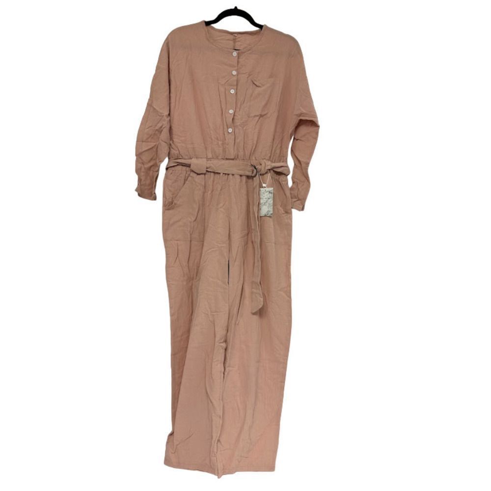 Suvimuga Womens Button Up Long Sleeves Belted Peach Long Dress Size XL